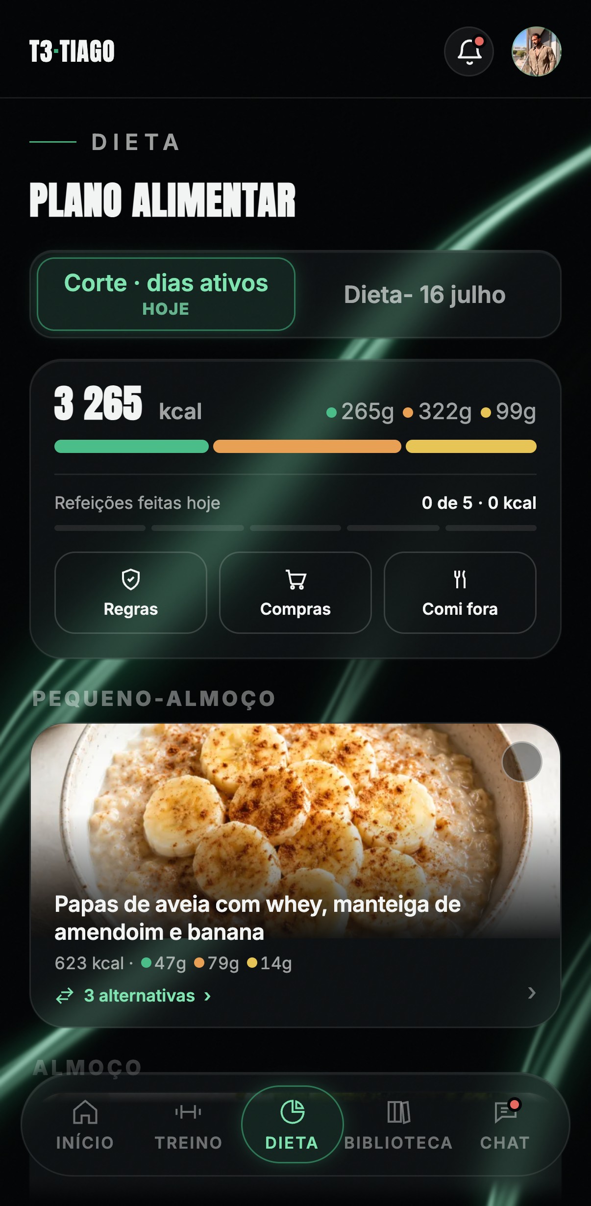Plano alimentar na app T3·TIAGO